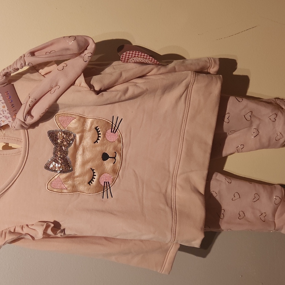 NWT Toddler Btween Pink & Metallic Rose Gold Adorable Cat Set w/ headband 24M